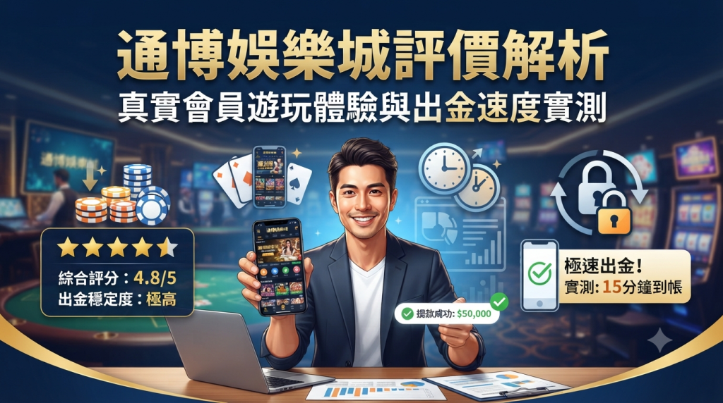 畫面呈現專業分析師展示手機遊玩介面與出金實測數據。 整體設計強調高評價與極速出金的可靠感,並以繁體中文清楚傳達真實會員的體驗回饋。
