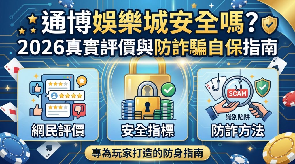 這張圖片是針對「通博娛樂城安全性與防詐騙」主題設計的 16:9 SEO 文章縮圖，採用深藍與金色調的科技感科技風格。 頂部標示著繁體中文大字標題「通博娛樂城安全嗎？2026真實評價與防詐騙自保指南」，下方則以三大區塊分別呈現網民評價、安全指標與防詐方法。