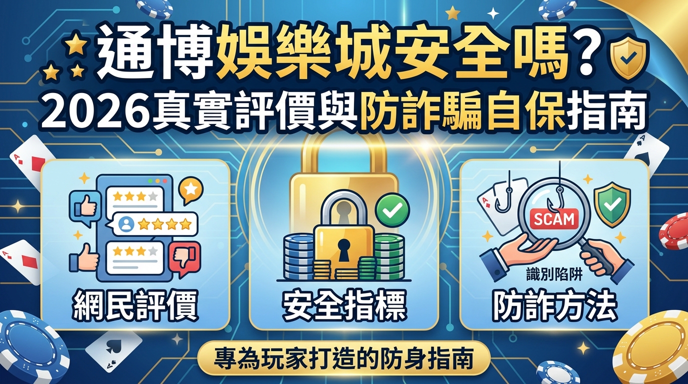 這張圖片是針對「通博娛樂城安全性與防詐騙」主題設計的 16:9 SEO 文章縮圖，採用深藍與金色調的科技感科技風格。 頂部標示著繁體中文大字標題「通博娛樂城安全嗎？2026真實評價與防詐騙自保指南」，下方則以三大區塊分別呈現網民評價、安全指標與防詐方法。